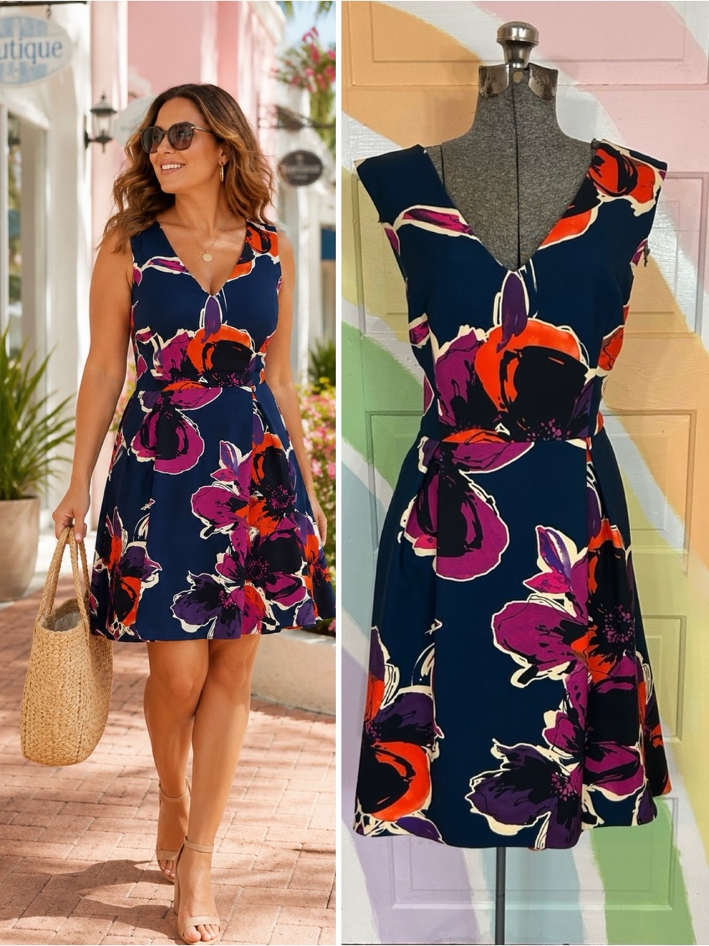 Trina Turk Fit And  Flare V Neck Dress Navy Pink & Orange Floral Print Sz 16 👽🧡